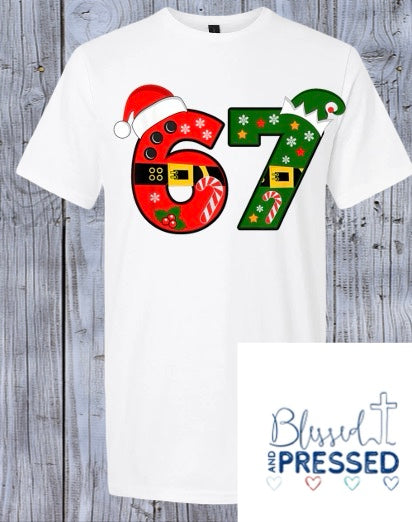 40- "6/7" Red and Green Santa Hats Christmas T-Shirt